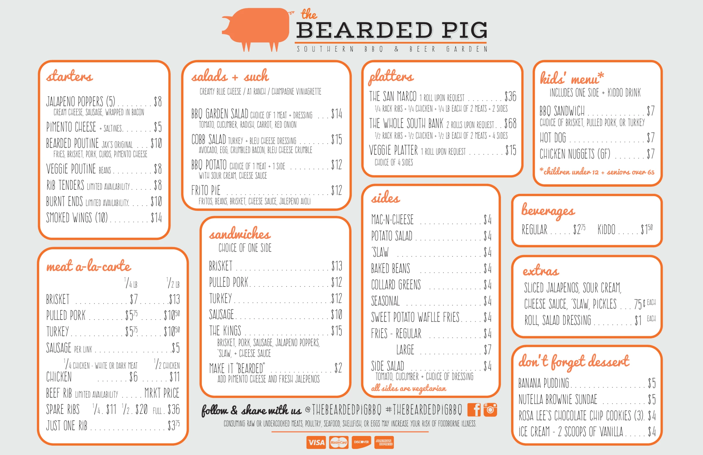 The Bearded Pig food menu: starters, meat a-la-carte, salads, sandwiches, platters, sides, kids' menu, beverages, extras and desserts, with prices.