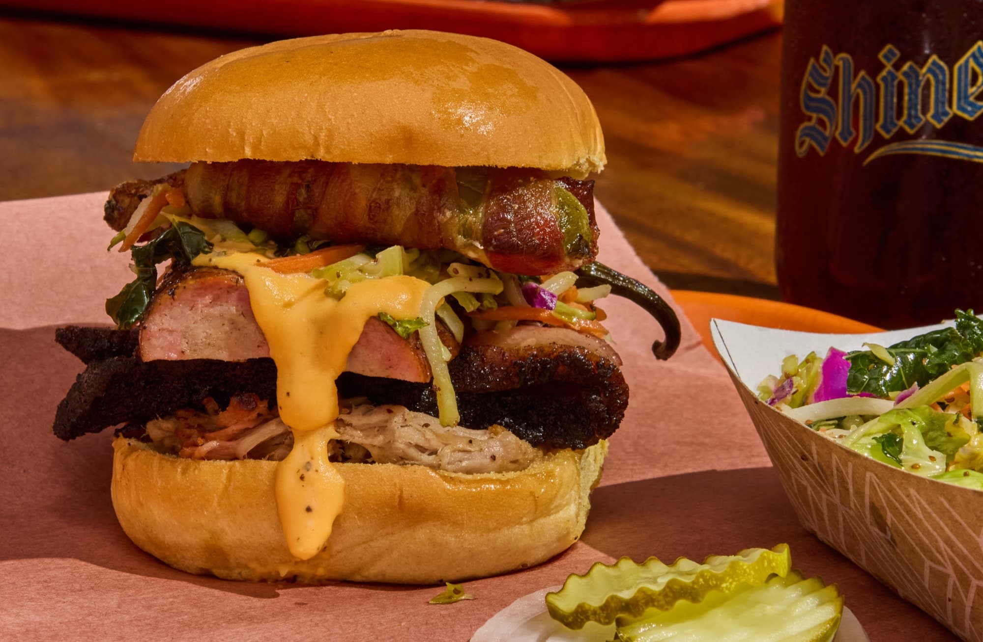 A towering stacked barbecue sandwich at The Bearded Pig